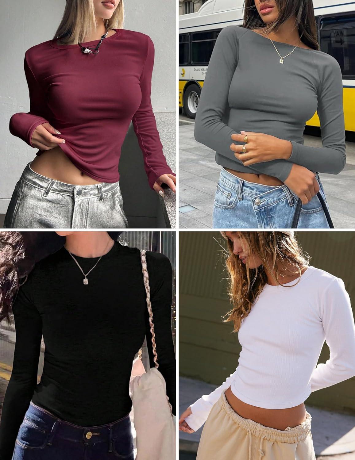 imageEkouaer 3 Pack Women Long Sleeve Crew Neck Shirts Basic Thermal Tops Slim Fit Ruch Side Tees Going Out Layering Thirts XSXXLBlackWhiteLight Grey