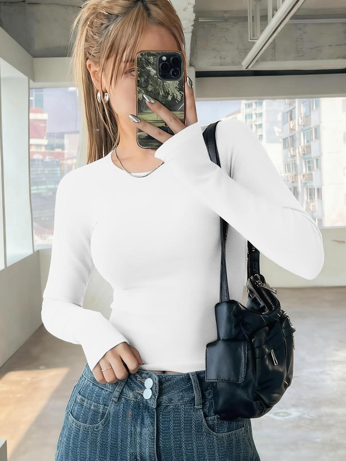 imageEkouaer 3 Pack Women Long Sleeve Crew Neck Shirts Basic Thermal Tops Slim Fit Ruch Side Tees Going Out Layering Thirts XSXXLBlackWhiteLight Grey