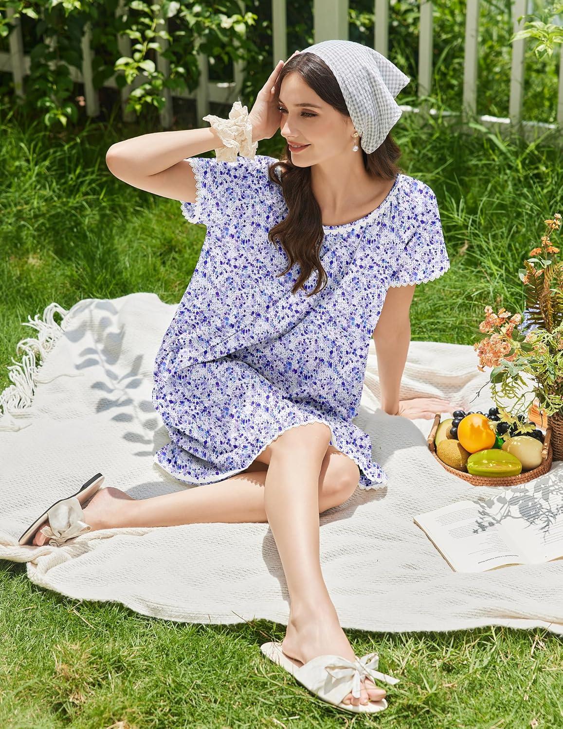 imageEkouaer Cotton Nightgowns for Women Lace Trim Sleep Shirts Short Sleeve Night Shirts Sleep Dress with PocketsPurple Floral