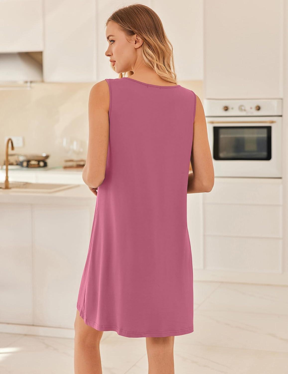 imageEkouaer Cotton Nightgowns for Women Sleeveless Night Gown Tank Sleep Shirts Pleated Night Shirts V Neck ChemiseCherry Red