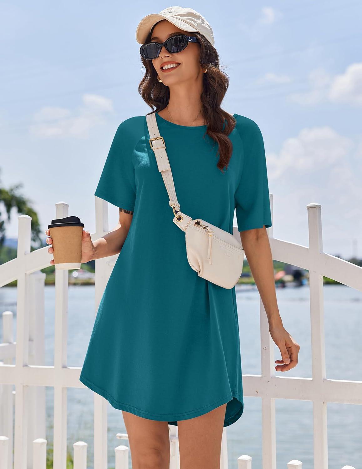 imageEkouaer Nightgowns for Women Cotton Sleep Shirts Short Sleeve Nightshirt Crew Neck Night Gown Comfy Sleepwear NightdressBlue