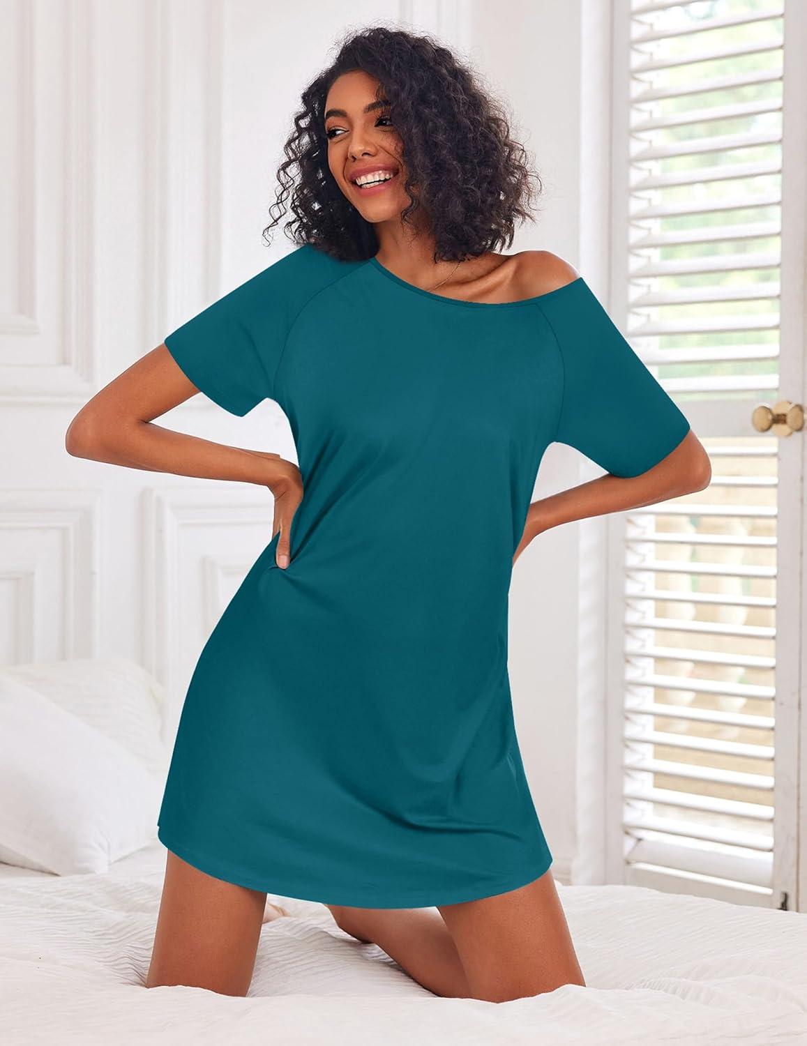 imageEkouaer Nightgowns for Women Cotton Sleep Shirts Short Sleeve Nightshirt Crew Neck Night Gown Comfy Sleepwear NightdressBlue