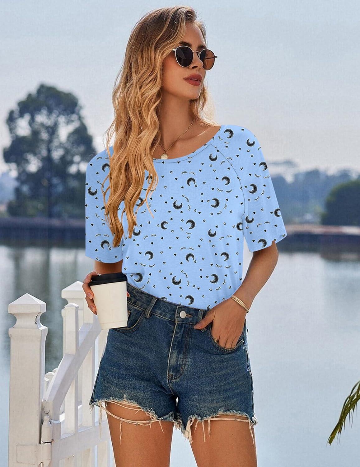 imageEkouaer Nightgowns for Women Cotton Sleep Shirts Short Sleeve Nightshirt Crew Neck Night Gown Comfy Sleepwear NightdressBlue Moon