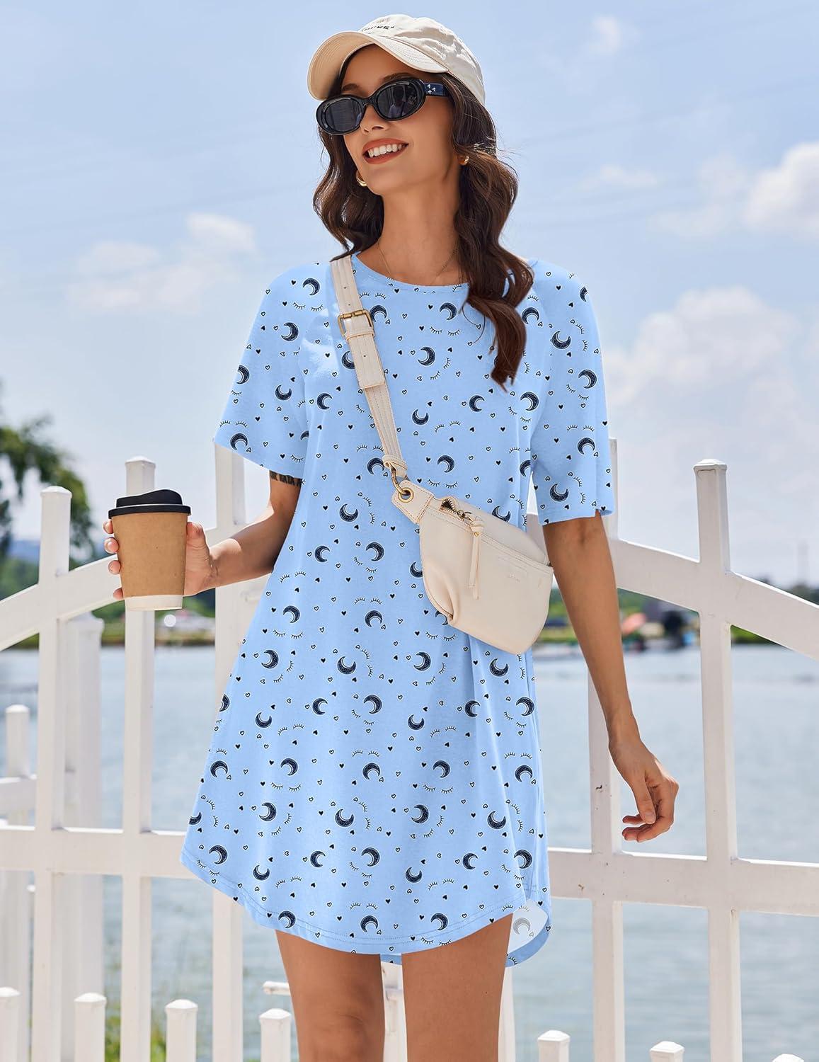 imageEkouaer Nightgowns for Women Cotton Sleep Shirts Short Sleeve Nightshirt Crew Neck Night Gown Comfy Sleepwear NightdressBlue Moon