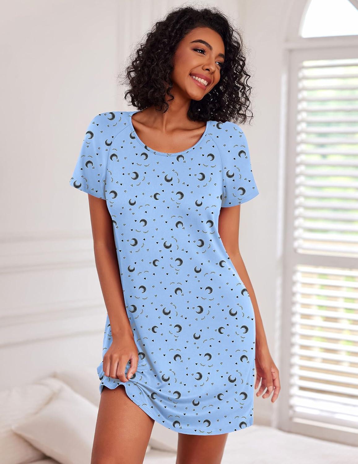 imageEkouaer Nightgowns for Women Cotton Sleep Shirts Short Sleeve Nightshirt Crew Neck Night Gown Comfy Sleepwear NightdressBlue Moon