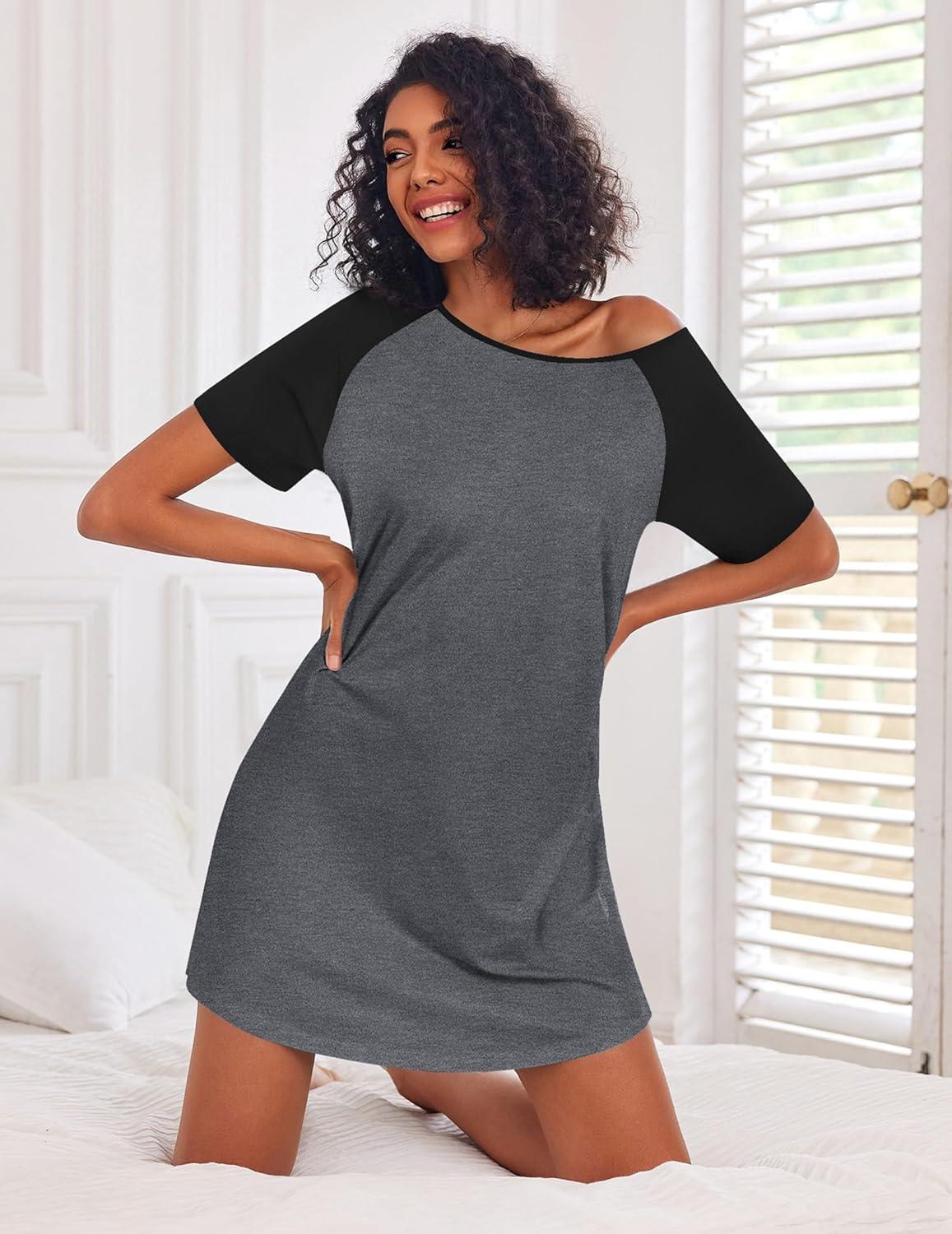 imageEkouaer Nightgowns for Women Cotton Sleep Shirts Short Sleeve Nightshirt Crew Neck Night Gown Comfy Sleepwear NightdressDark Grey