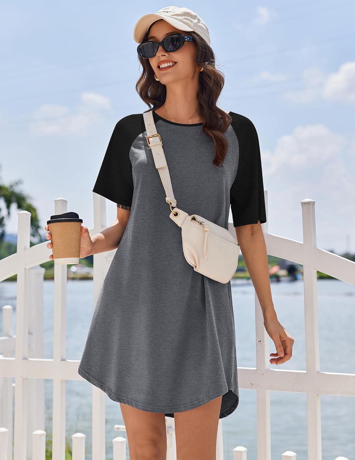 imageEkouaer Nightgowns for Women Cotton Sleep Shirts Short Sleeve Nightshirt Crew Neck Night Gown Comfy Sleepwear NightdressDark Grey