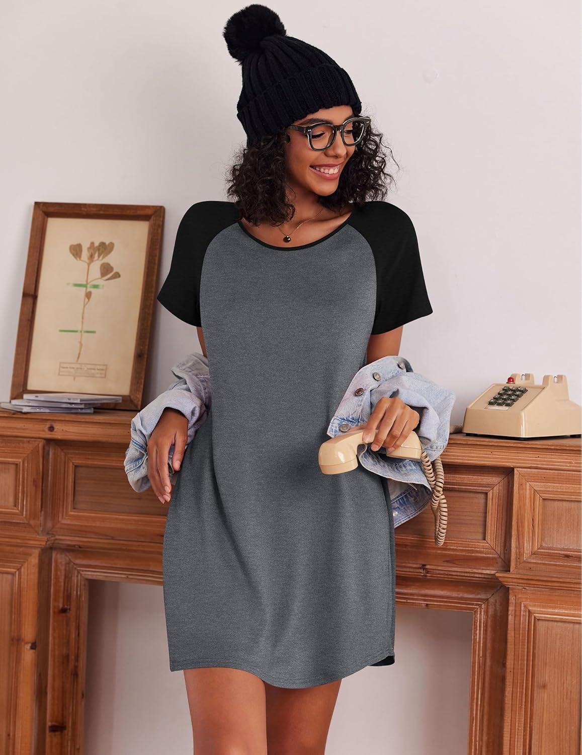imageEkouaer Nightgowns for Women Cotton Sleep Shirts Short Sleeve Nightshirt Crew Neck Night Gown Comfy Sleepwear NightdressDark Grey