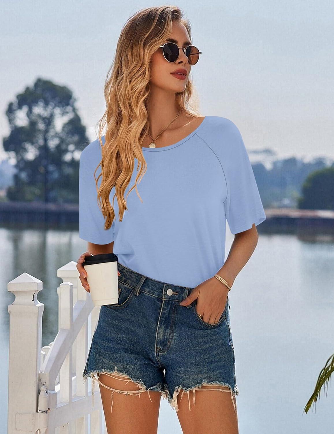 imageEkouaer Nightgowns for Women Cotton Sleep Shirts Short Sleeve Nightshirt Crew Neck Night Gown Comfy Sleepwear NightdressLight Blue