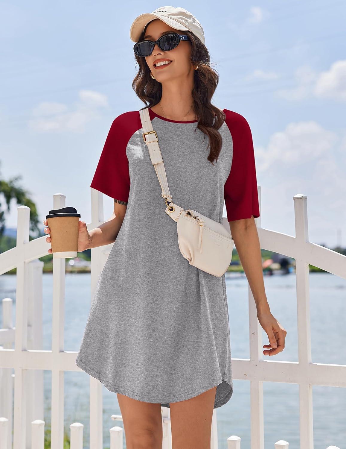 imageEkouaer Nightgowns for Women Cotton Sleep Shirts Short Sleeve Nightshirt Crew Neck Night Gown Comfy Sleepwear NightdressLight Grey