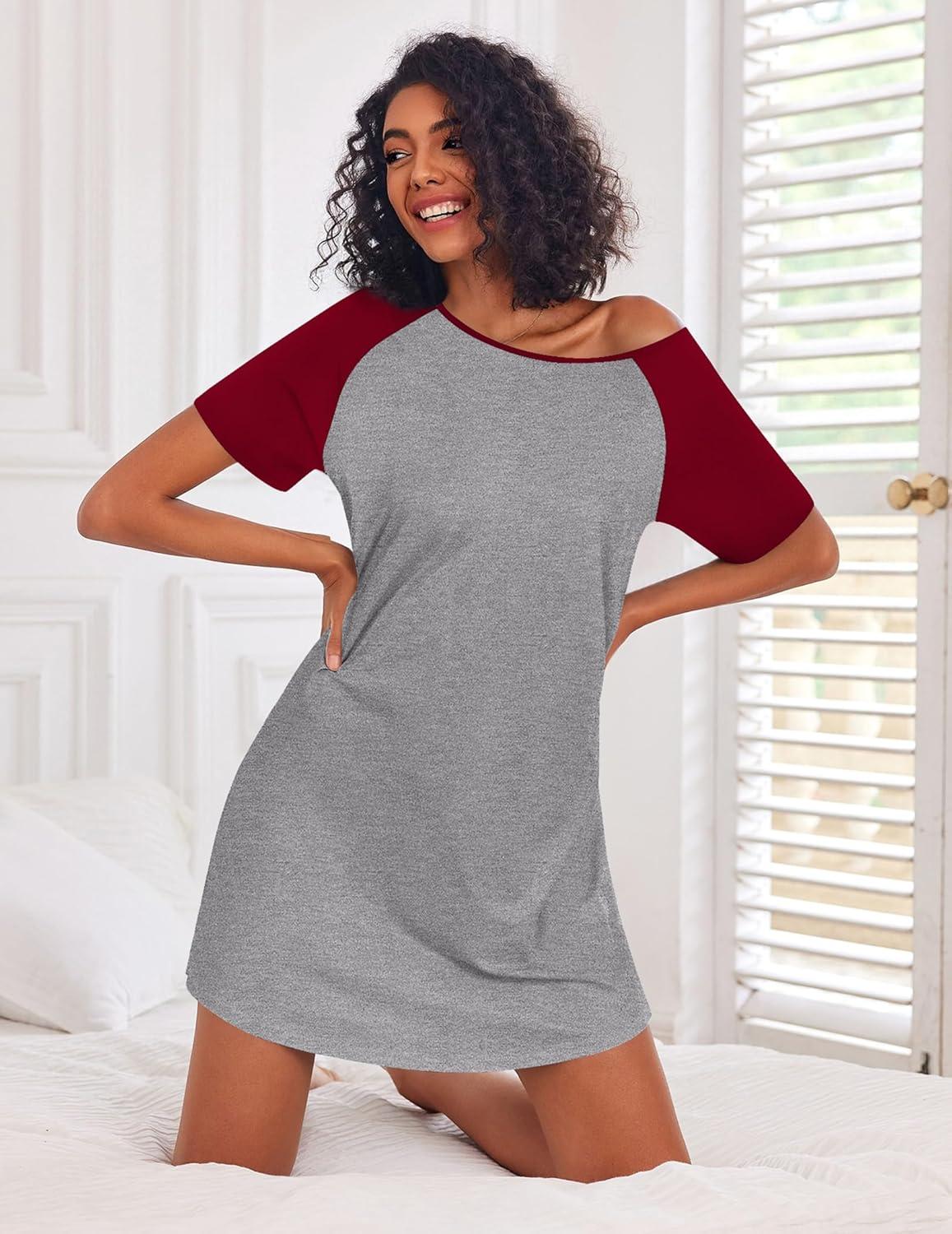 imageEkouaer Nightgowns for Women Cotton Sleep Shirts Short Sleeve Nightshirt Crew Neck Night Gown Comfy Sleepwear NightdressLight Grey