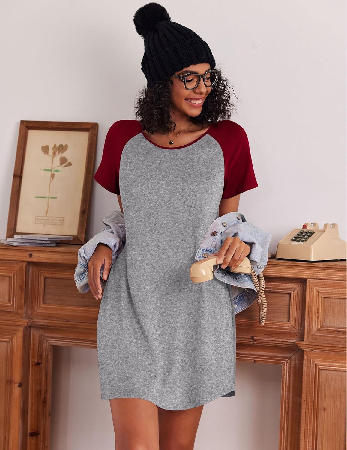 imageEkouaer Nightgowns for Women Cotton Sleep Shirts Short Sleeve Nightshirt Crew Neck Night Gown Comfy Sleepwear NightdressLight Grey