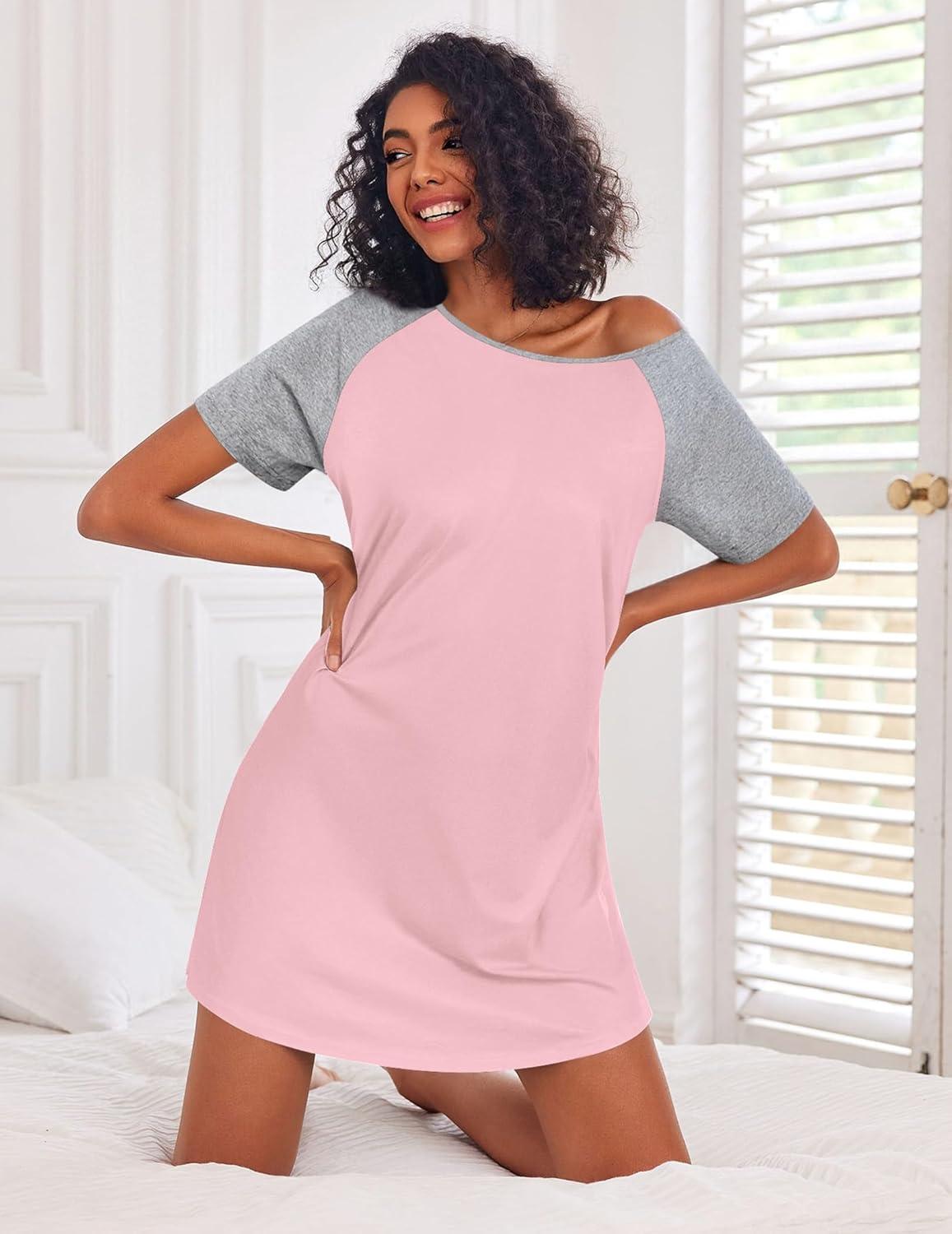 imageEkouaer Nightgowns for Women Cotton Sleep Shirts Short Sleeve Nightshirt Crew Neck Night Gown Comfy Sleepwear NightdressLight Pink