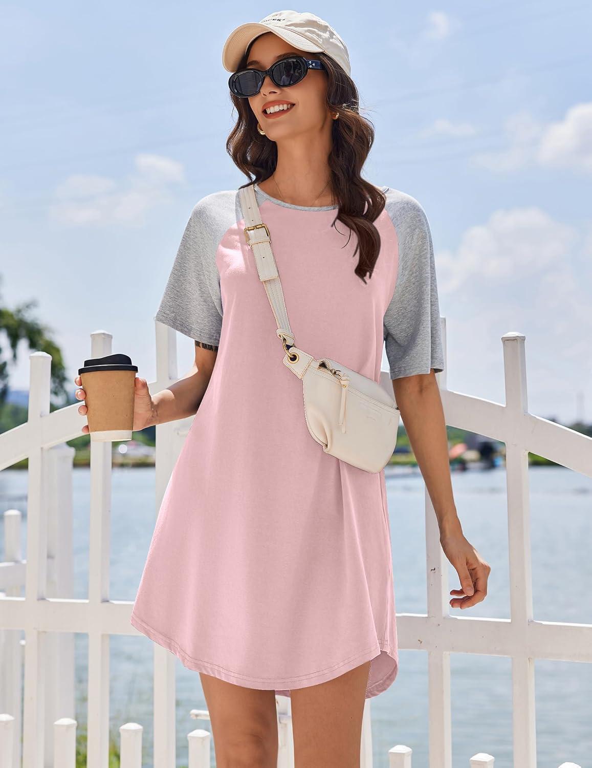 imageEkouaer Nightgowns for Women Cotton Sleep Shirts Short Sleeve Nightshirt Crew Neck Night Gown Comfy Sleepwear NightdressLight Pink