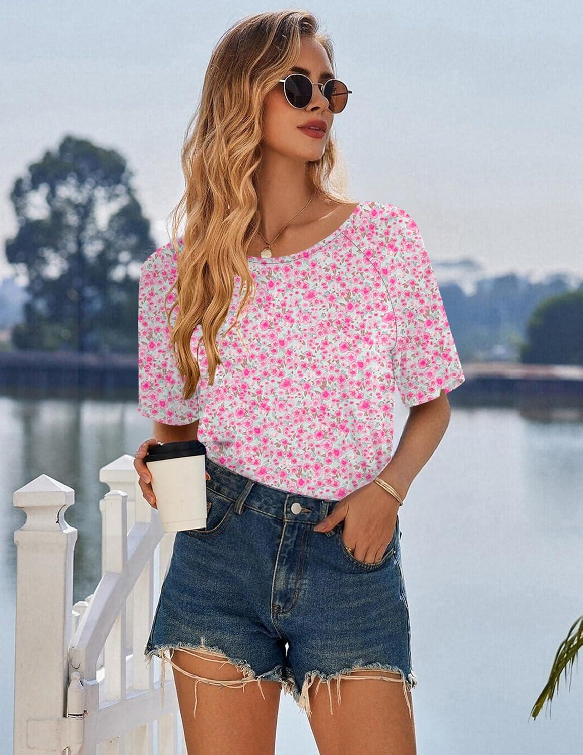 imageEkouaer Nightgowns for Women Cotton Sleep Shirts Short Sleeve Nightshirt Crew Neck Night Gown Comfy Sleepwear NightdressPink Floral