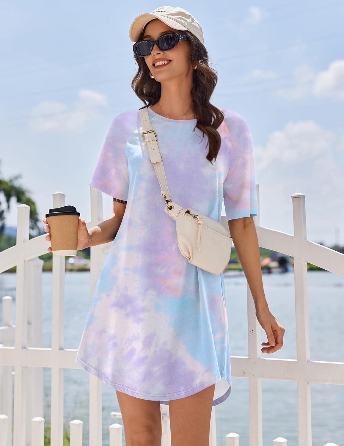 imageEkouaer Nightgowns for Women Cotton Sleep Shirts Short Sleeve Nightshirt Crew Neck Night Gown Comfy Sleepwear NightdressPurple Tie Dye