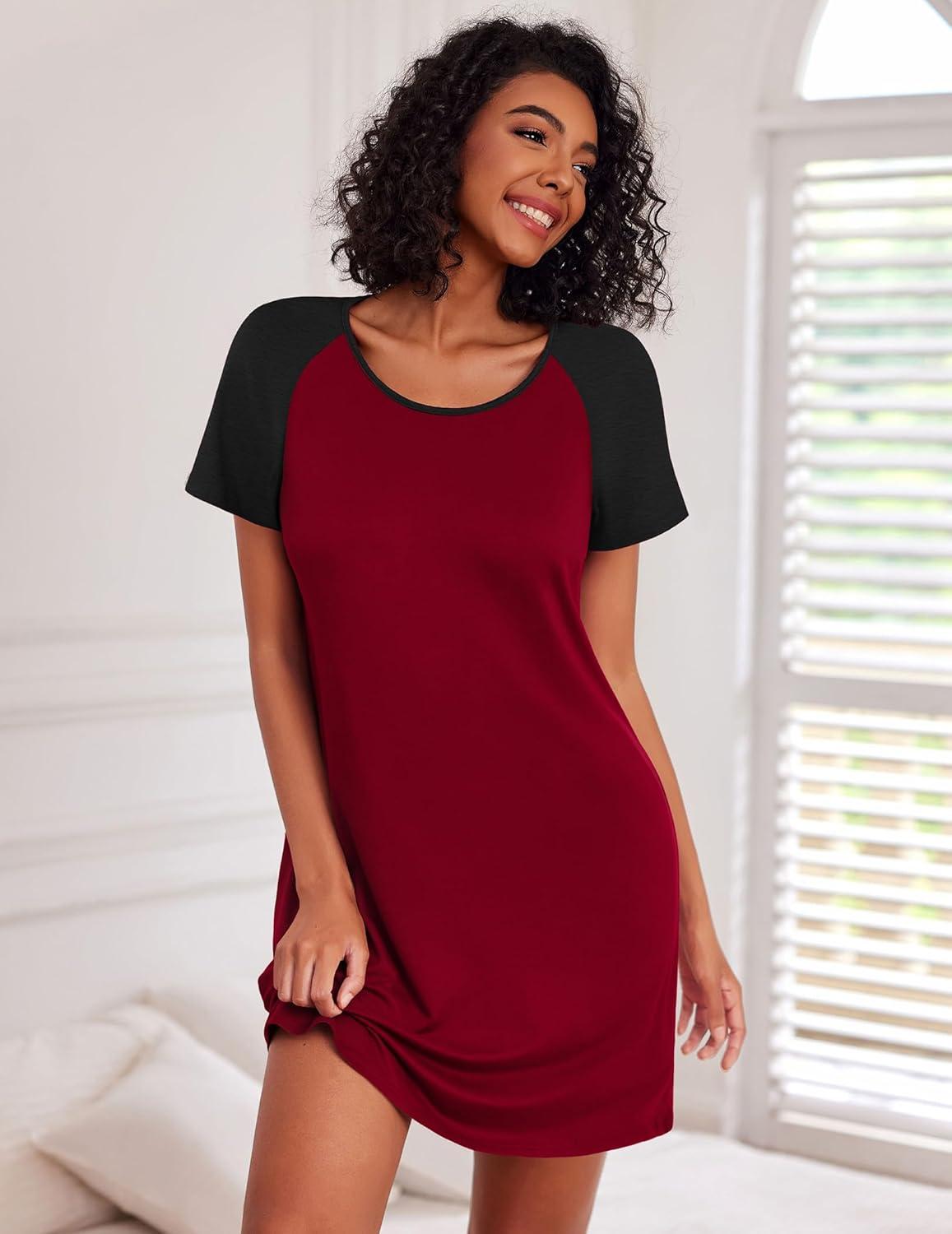 imageEkouaer Nightgowns for Women Cotton Sleep Shirts Short Sleeve Nightshirt Crew Neck Night Gown Comfy Sleepwear NightdressWine Red