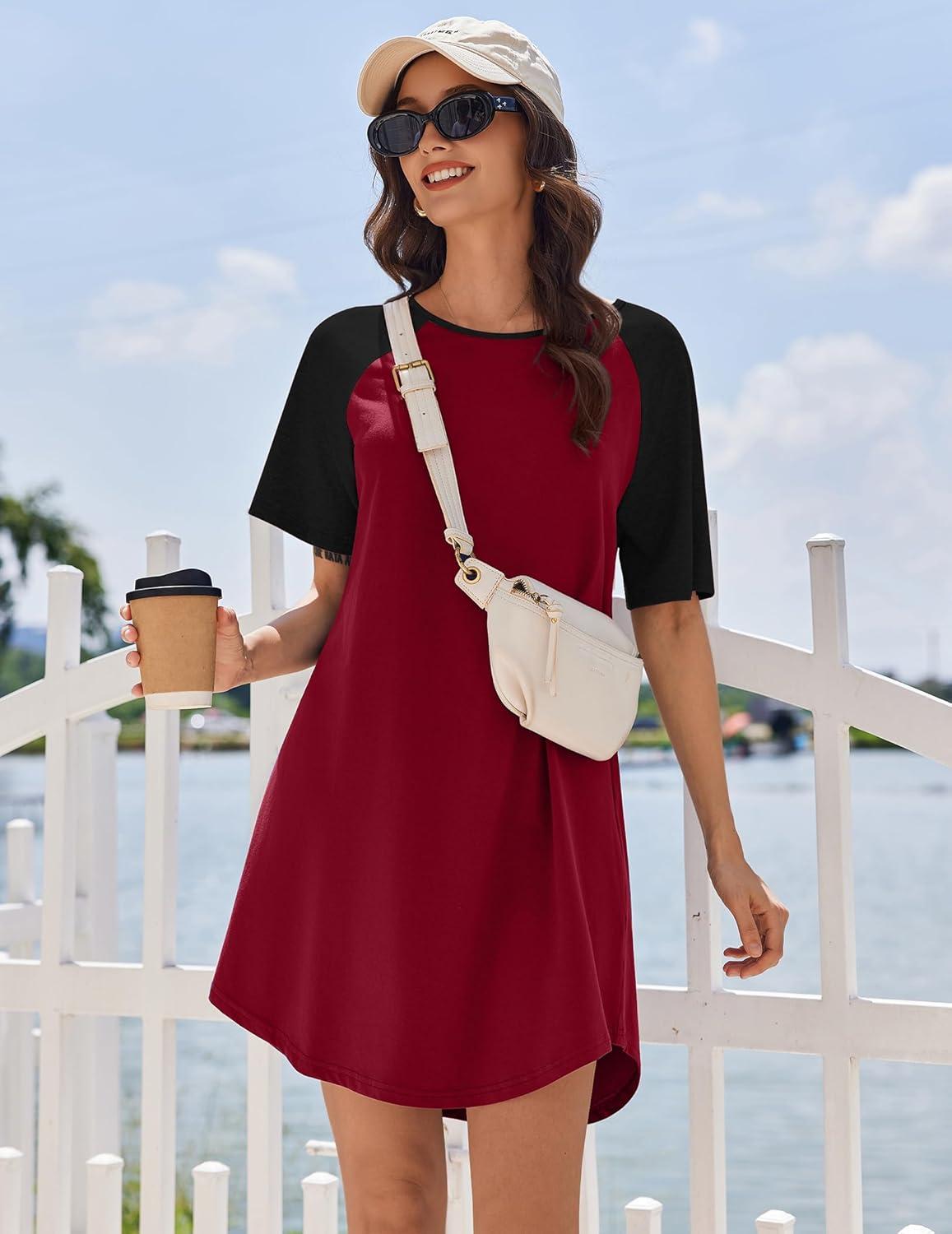imageEkouaer Nightgowns for Women Cotton Sleep Shirts Short Sleeve Nightshirt Crew Neck Night Gown Comfy Sleepwear NightdressWine Red