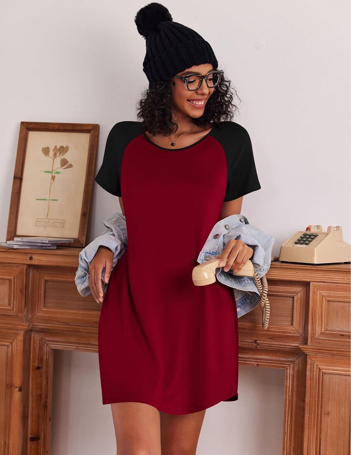 imageEkouaer Nightgowns for Women Cotton Sleep Shirts Short Sleeve Nightshirt Crew Neck Night Gown Comfy Sleepwear NightdressWine Red