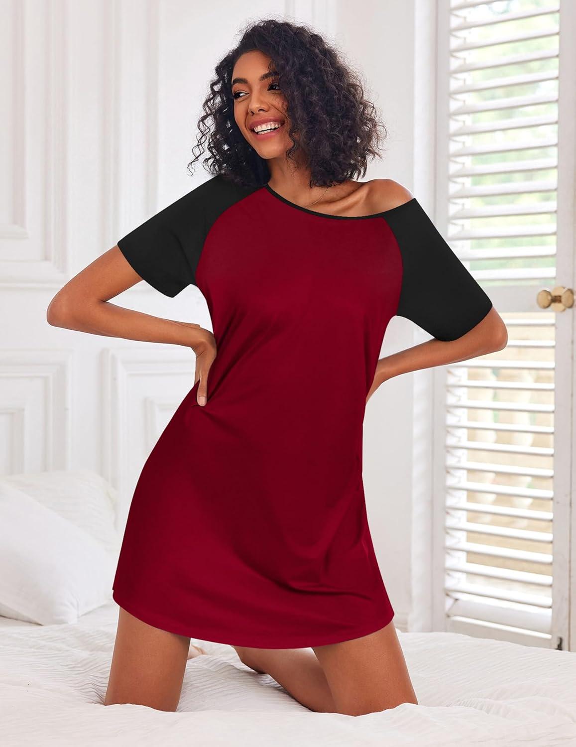imageEkouaer Nightgowns for Women Cotton Sleep Shirts Short Sleeve Nightshirt Crew Neck Night Gown Comfy Sleepwear NightdressWine Red