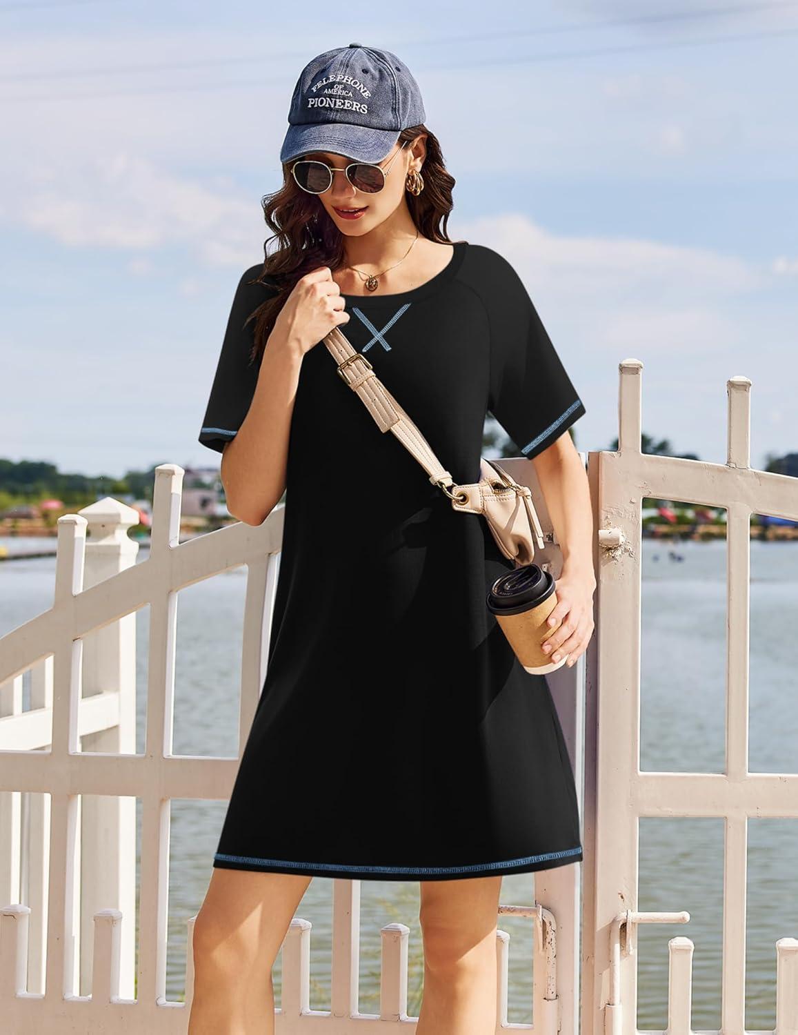 imageEkouaer Nightgowns for Women Short Sleeve Sleep Shirts Crewneck Night Shirts Soft Sleepwear Caual T Shirt Sleep DressBlack