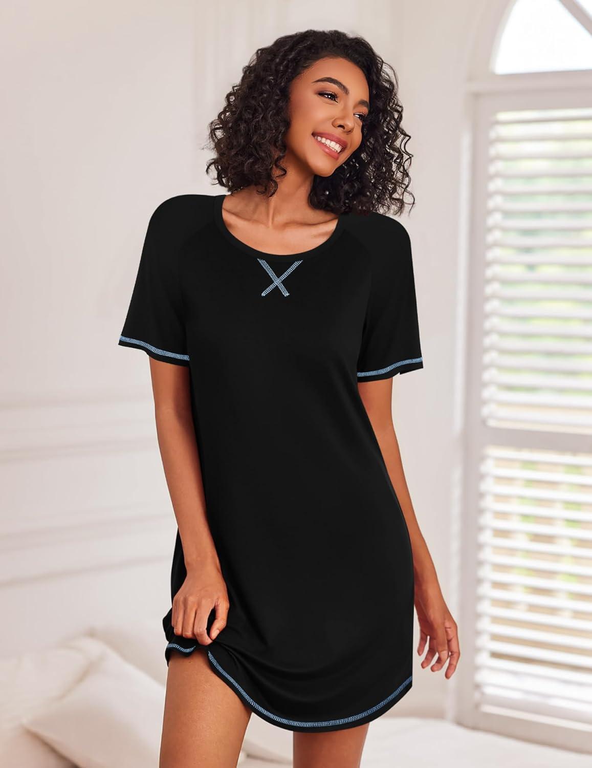 imageEkouaer Nightgowns for Women Short Sleeve Sleep Shirts Crewneck Night Shirts Soft Sleepwear Caual T Shirt Sleep DressBlack