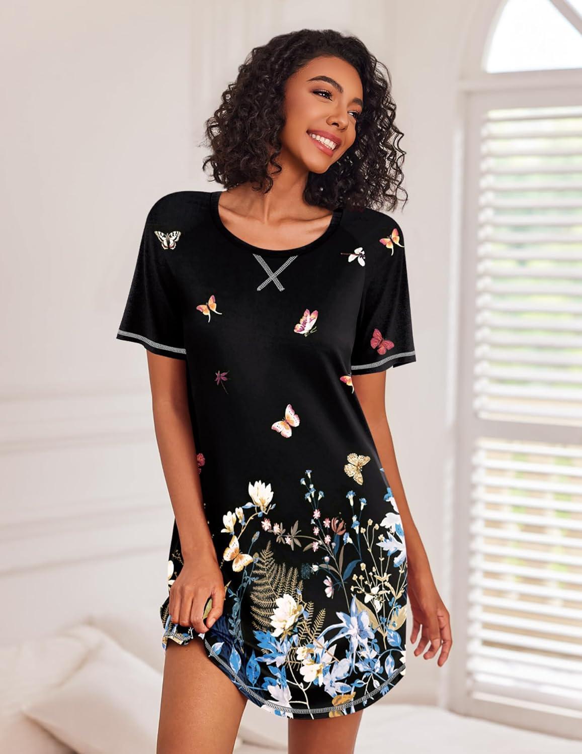 imageEkouaer Nightgowns for Women Short Sleeve Sleep Shirts Crewneck Night Shirts Soft Sleepwear Caual T Shirt Sleep DressButterfly