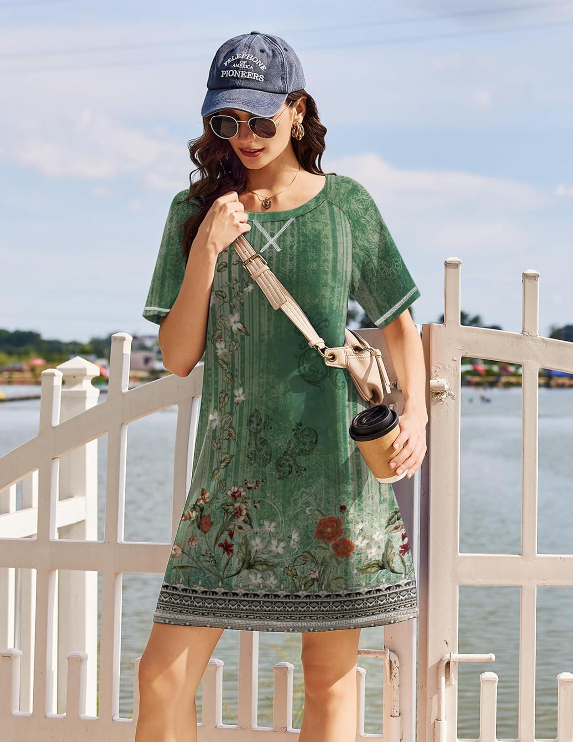 imageEkouaer Nightgowns for Women Short Sleeve Sleep Shirts Crewneck Night Shirts Soft Sleepwear Caual T Shirt Sleep DressFloral Green