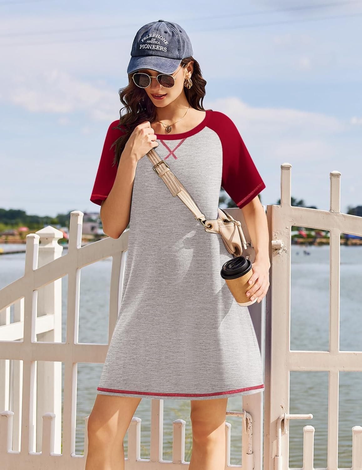 imageEkouaer Nightgowns for Women Short Sleeve Sleep Shirts Crewneck Night Shirts Soft Sleepwear Caual T Shirt Sleep DressLight Grey
