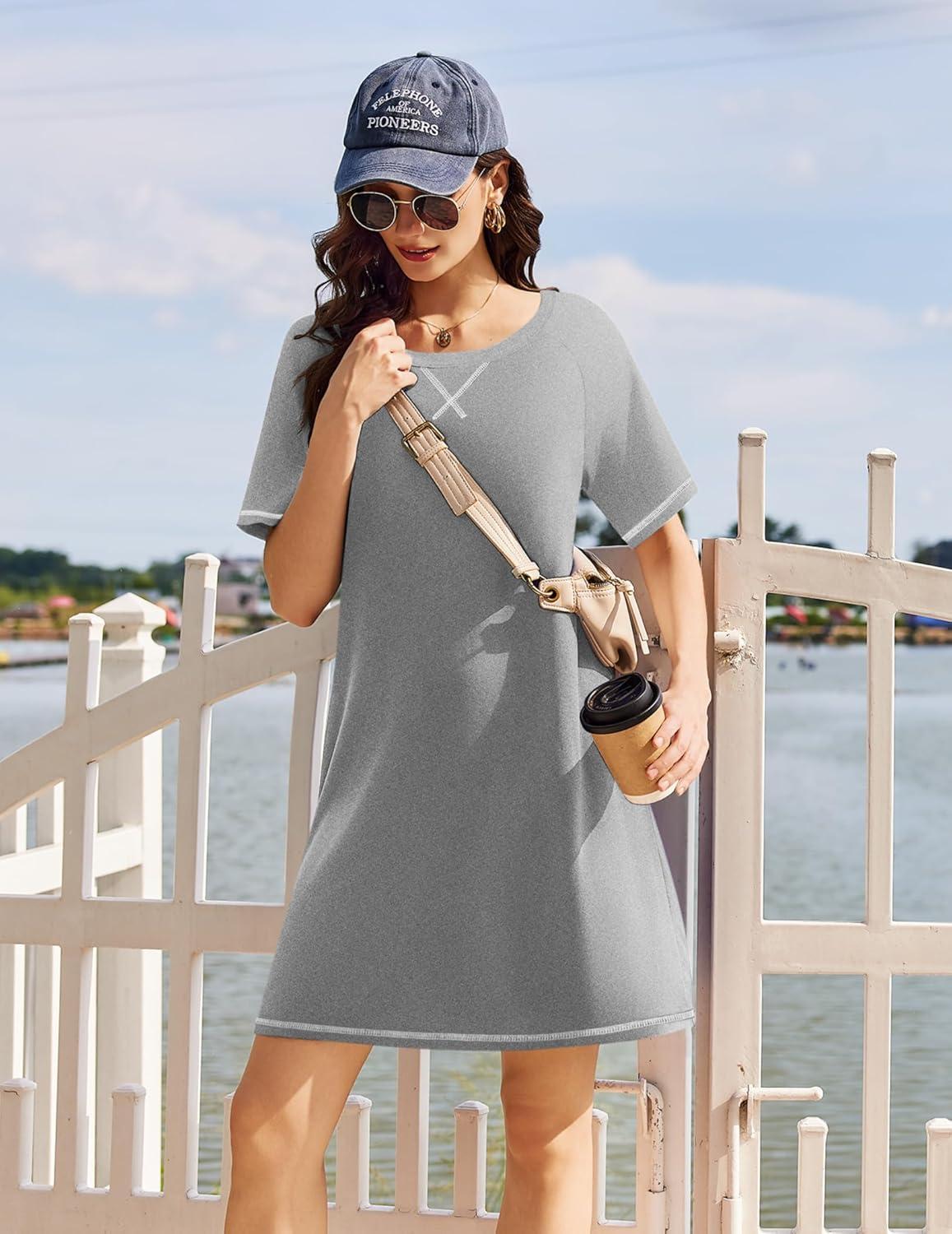 imageEkouaer Nightgowns for Women Short Sleeve Sleep Shirts Crewneck Night Shirts Soft Sleepwear Caual T Shirt Sleep DressMedium Grey