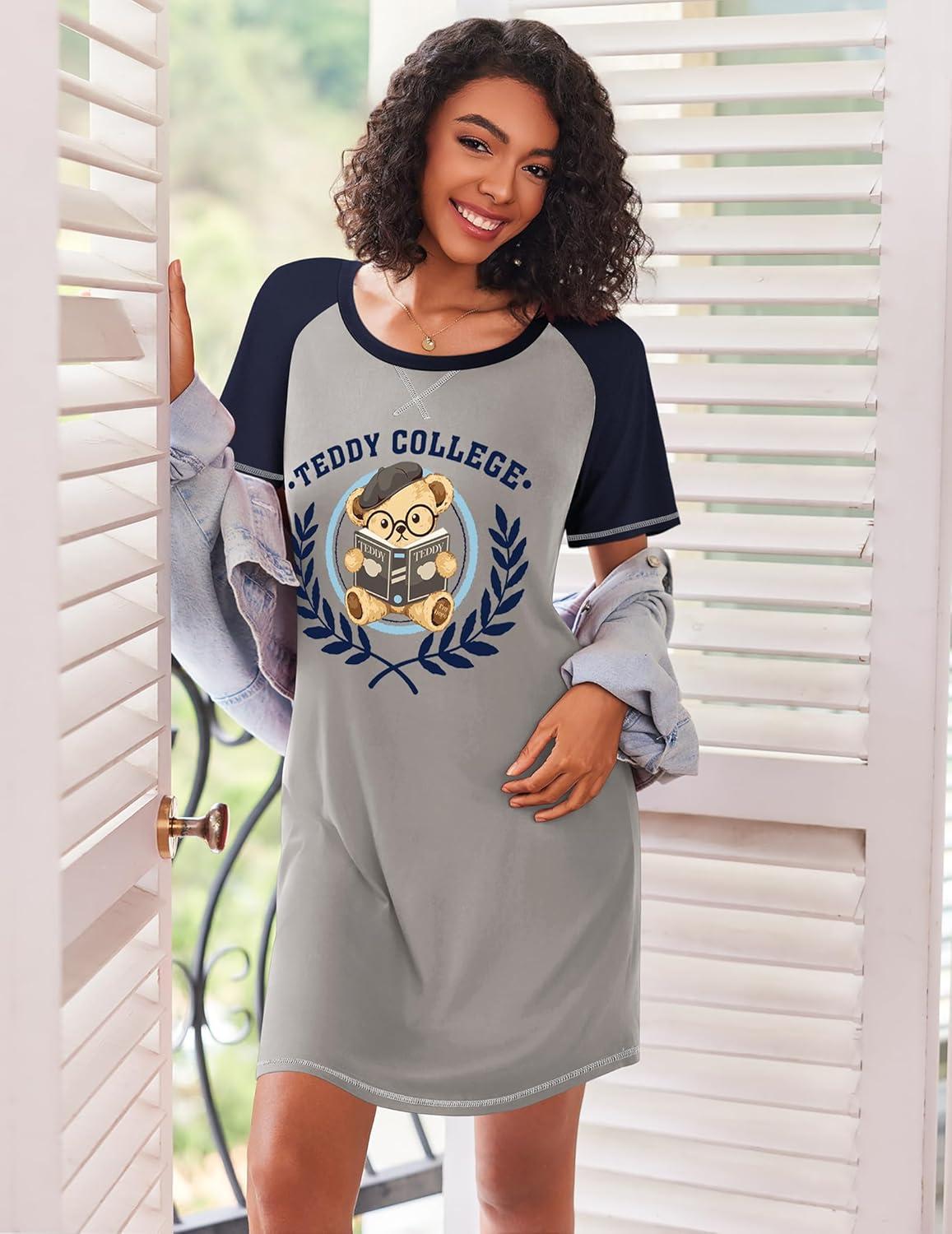imageEkouaer Nightgowns for Women Short Sleeve Sleep Shirts Crewneck Night Shirts Soft Sleepwear Caual T Shirt Sleep DressTeddy Bear