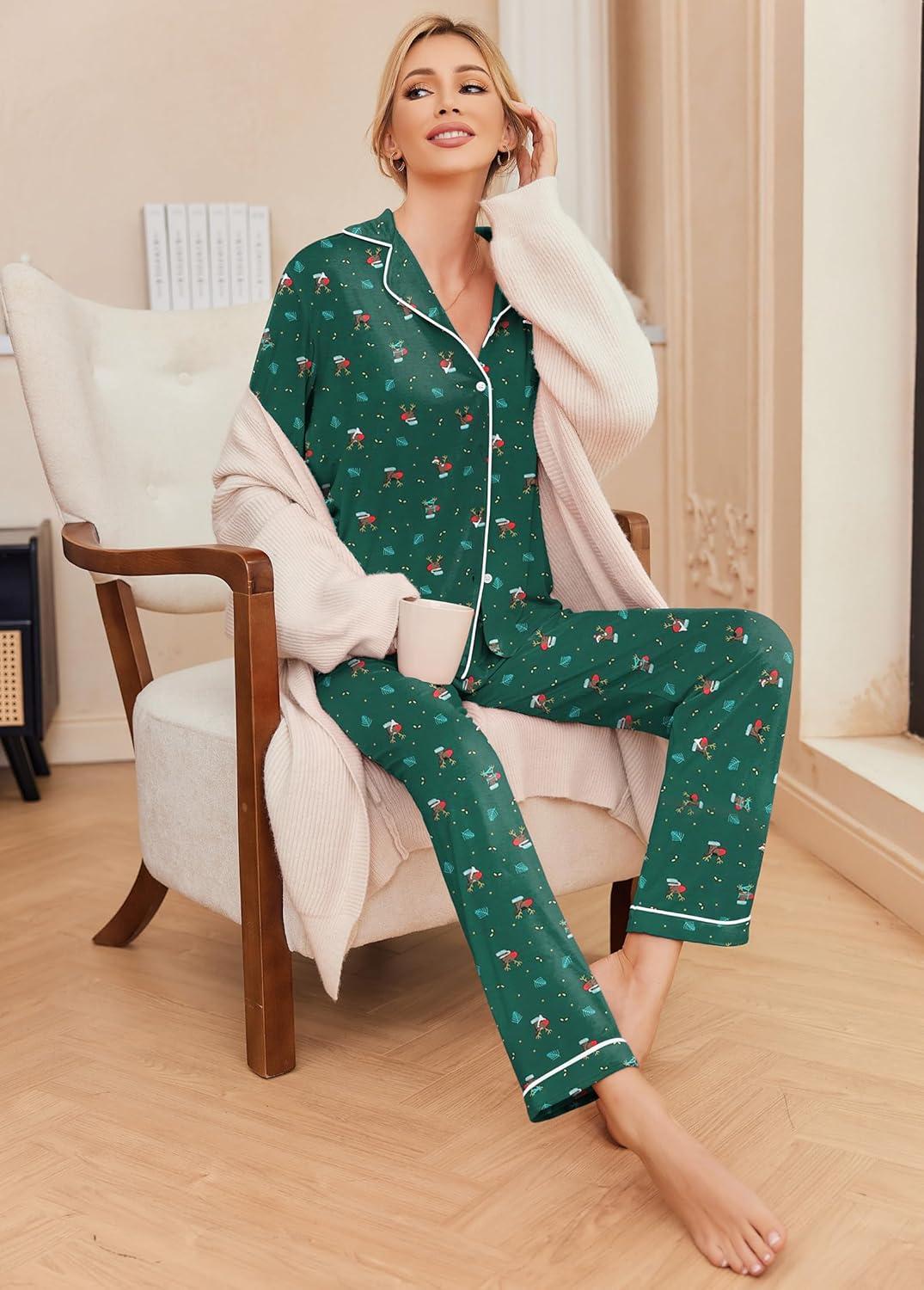imageEkouaer Pajamas Womens Long Sleeve Sleepwear Soft Button Down Loungewear Pjs Lounge Set Nightwear XSXXLChristmas Green With Elk