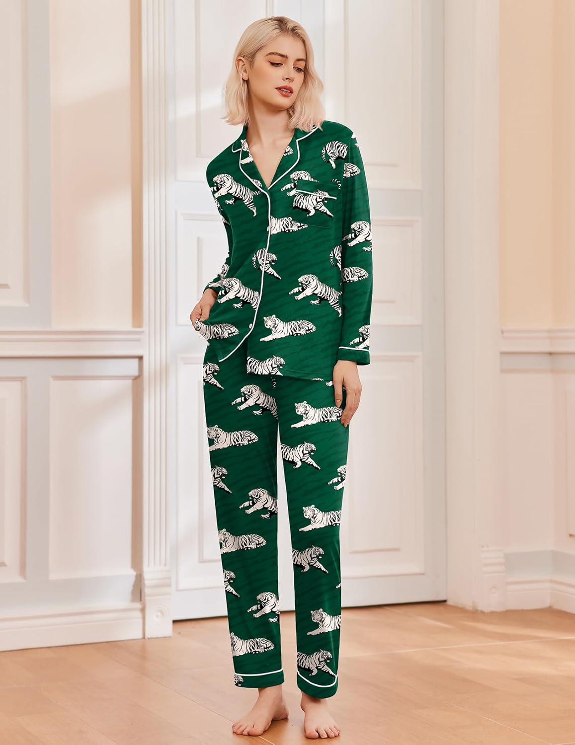 imageEkouaer Pajamas Womens Long Sleeve Sleepwear Soft Button Down Loungewear Pjs Lounge Set Nightwear XSXXLDark Greentiger