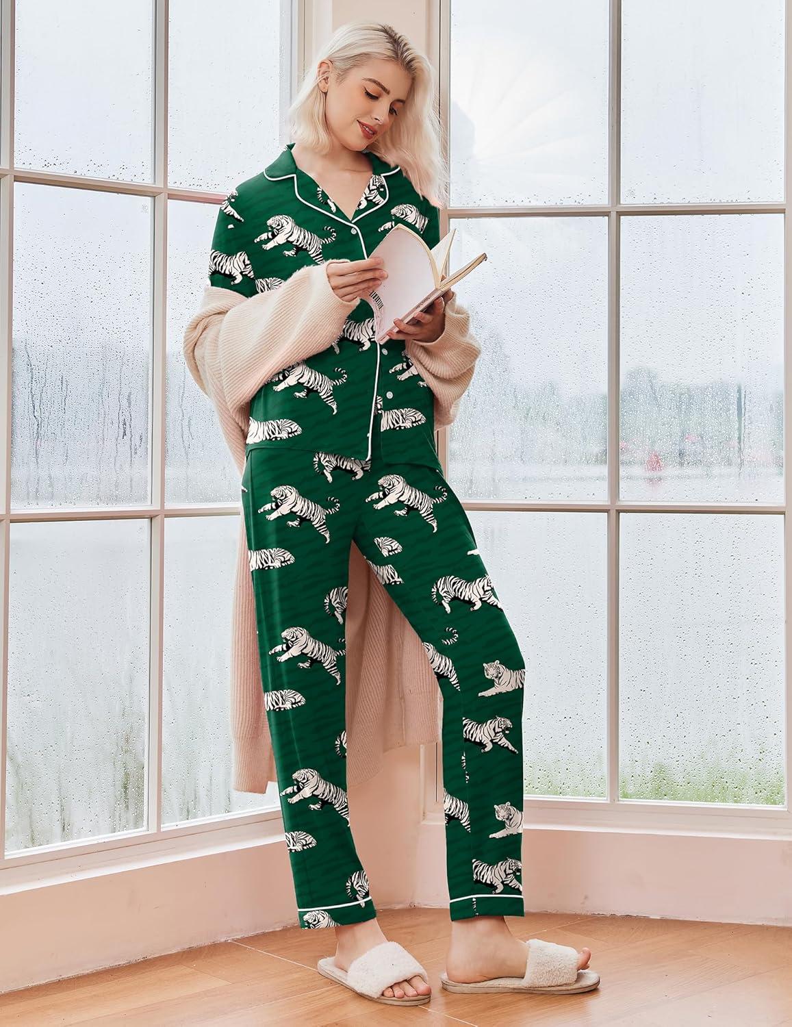 imageEkouaer Pajamas Womens Long Sleeve Sleepwear Soft Button Down Loungewear Pjs Lounge Set Nightwear XSXXLDark Greentiger