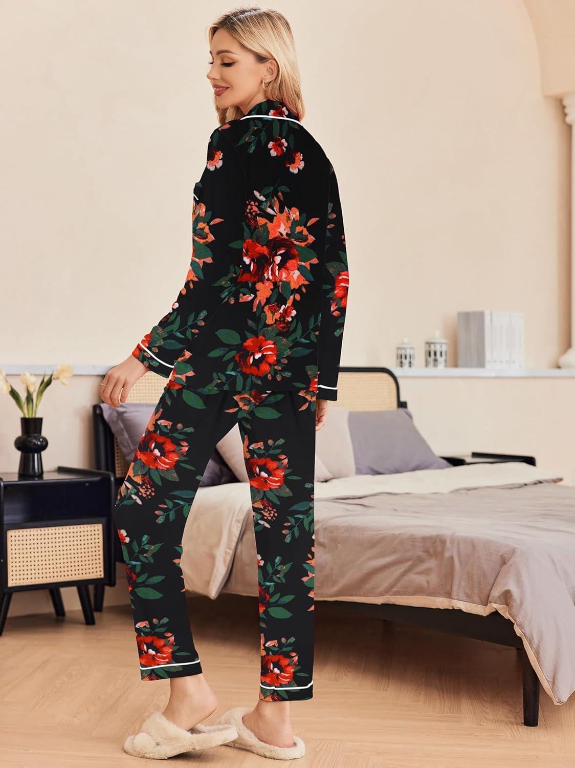 imageEkouaer Pajamas Womens Long Sleeve Sleepwear Soft Button Down Loungewear Pjs Lounge Set Nightwear XSXXLFloral Black