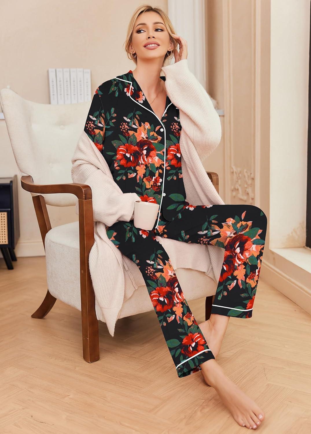 imageEkouaer Pajamas Womens Long Sleeve Sleepwear Soft Button Down Loungewear Pjs Lounge Set Nightwear XSXXLFloral Black