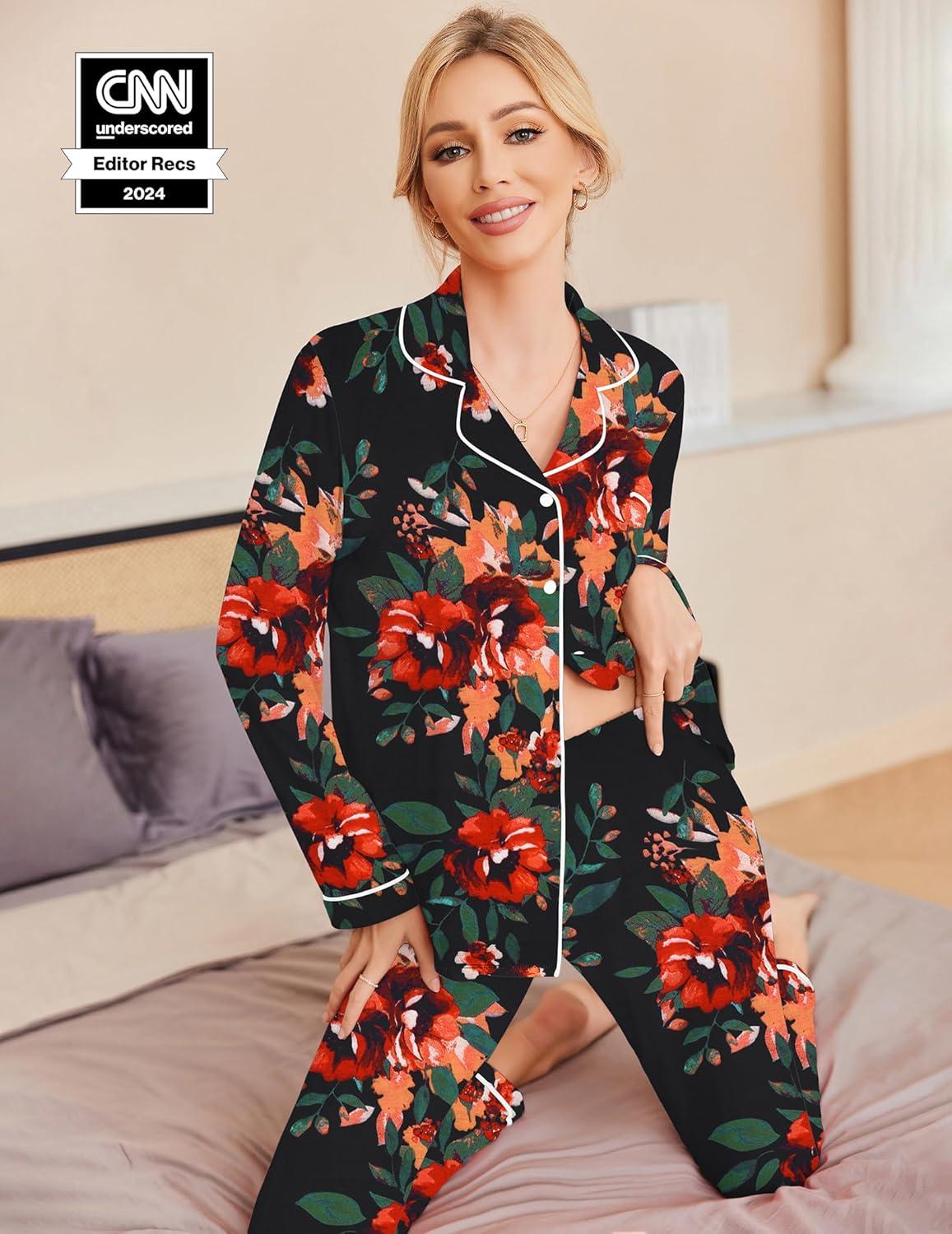 imageEkouaer Pajamas Womens Long Sleeve Sleepwear Soft Button Down Loungewear Pjs Lounge Set Nightwear XSXXLFloral Black