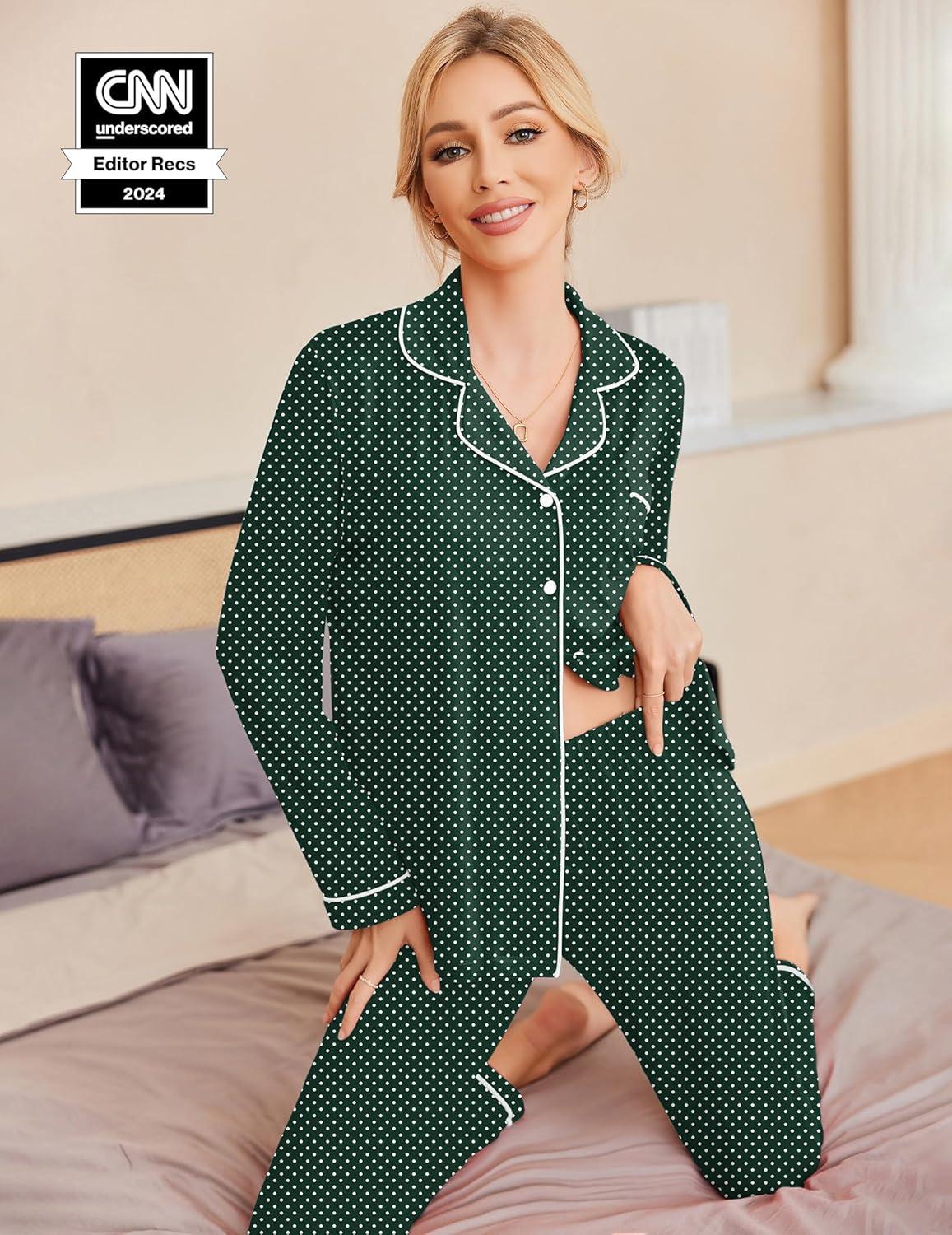 imageEkouaer Pajamas Womens Long Sleeve Sleepwear Soft Button Down Loungewear Pjs Lounge Set Nightwear XSXXLGreen With White Dots