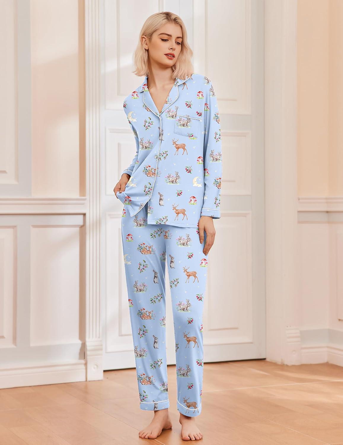imageEkouaer Pajamas Womens Long Sleeve Sleepwear Soft Button Down Loungewear Pjs Lounge Set Nightwear XSXXLLight Blueanimal