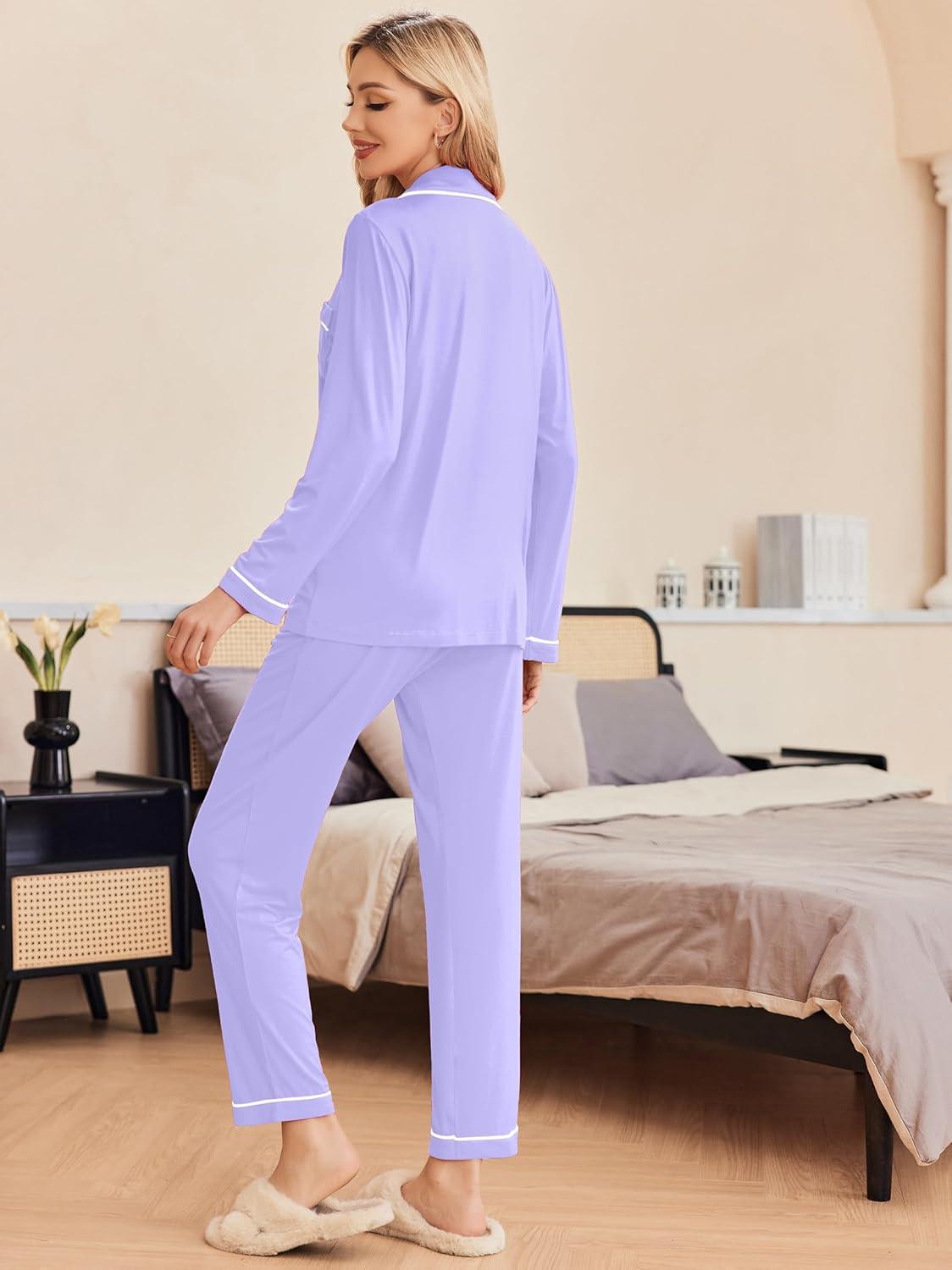 imageEkouaer Pajamas Womens Long Sleeve Sleepwear Soft Button Down Loungewear Pjs Lounge Set Nightwear XSXXLLilac