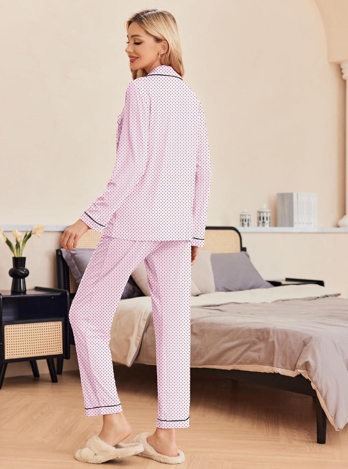 imageEkouaer Pajamas Womens Long Sleeve Sleepwear Soft Button Down Loungewear Pjs Lounge Set Nightwear XSXXLPink With Black Dots