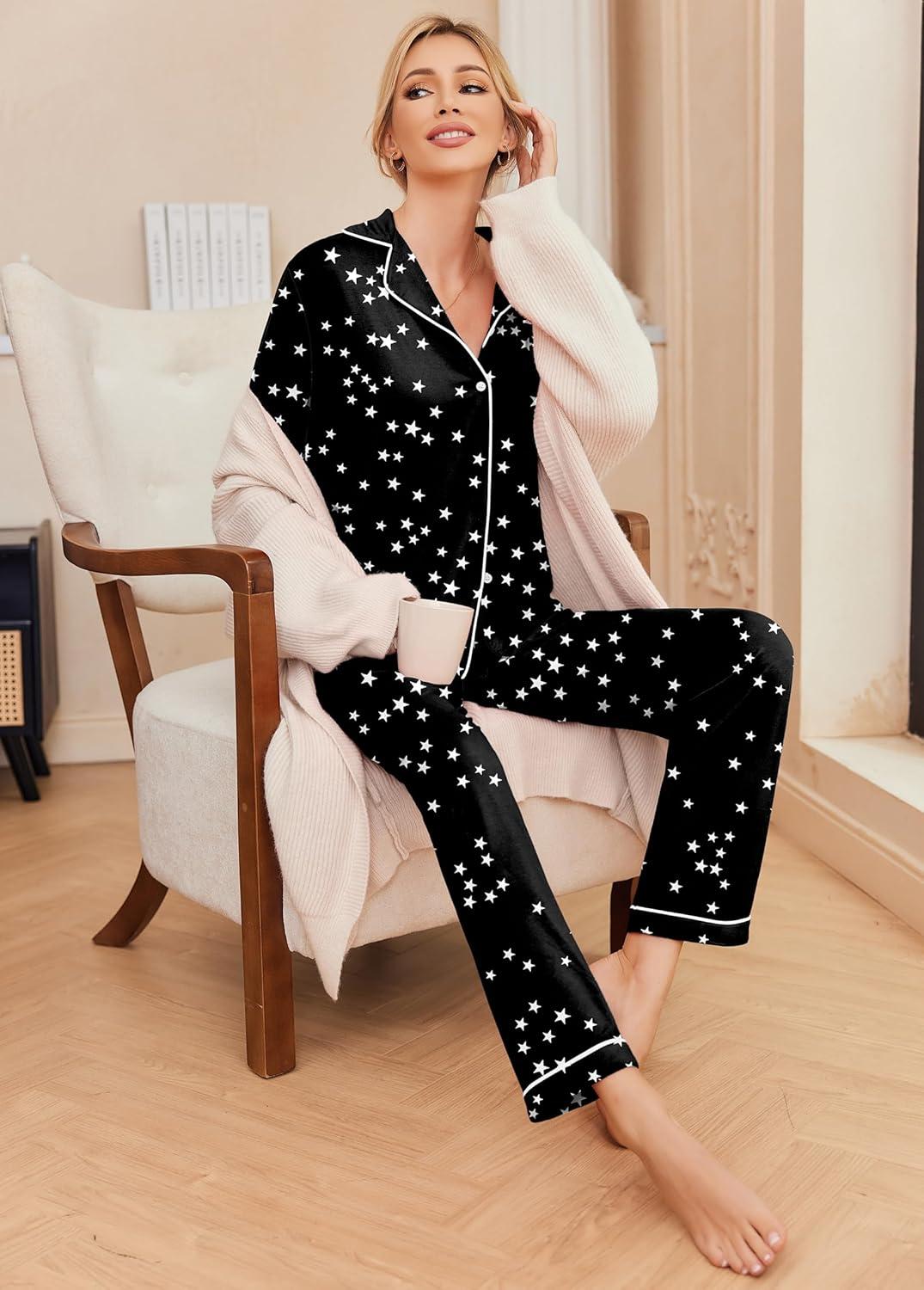 imageEkouaer Pajamas Womens Long Sleeve Sleepwear Soft Button Down Loungewear Pjs Lounge Set Nightwear XSXXLStars Pattern Black