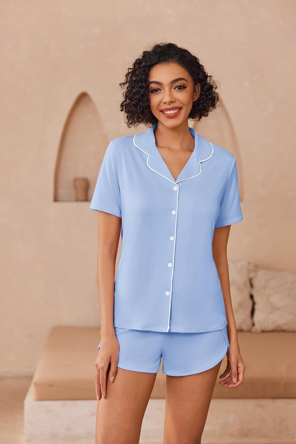 imageEkouaer Pajamas for Women Set Button Up Sleepwear 2 Piece Pjs Lounge Set Short Sleeve NightwearBlue