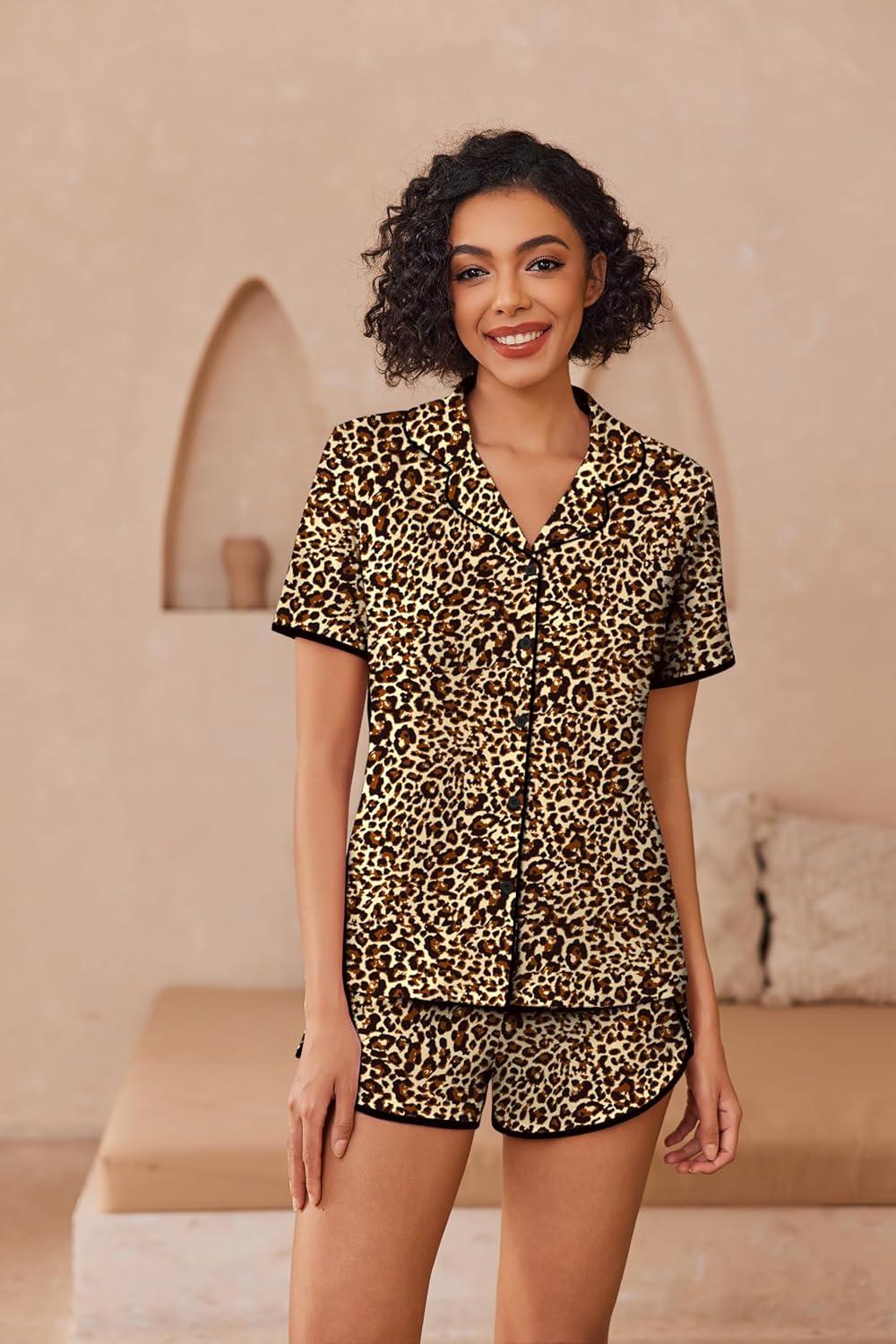 imageEkouaer Pajamas for Women Set Button Up Sleepwear 2 Piece Pjs Lounge Set Short Sleeve NightwearBrown Leopard