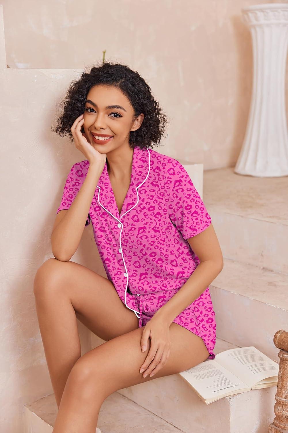imageEkouaer Pajamas for Women Set Button Up Sleepwear 2 Piece Pjs Lounge Set Short Sleeve NightwearHot Leopard