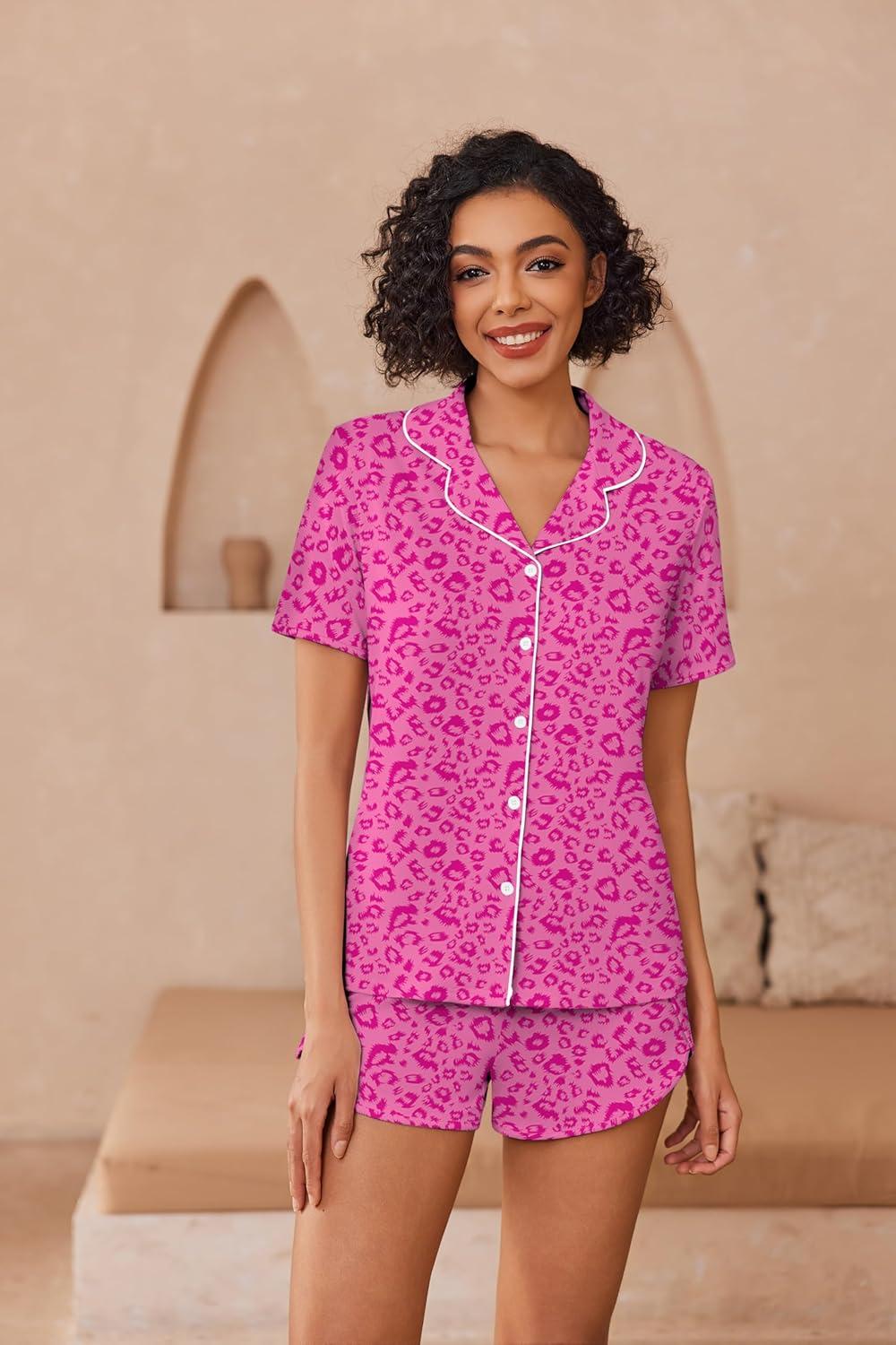 imageEkouaer Pajamas for Women Set Button Up Sleepwear 2 Piece Pjs Lounge Set Short Sleeve NightwearHot Leopard