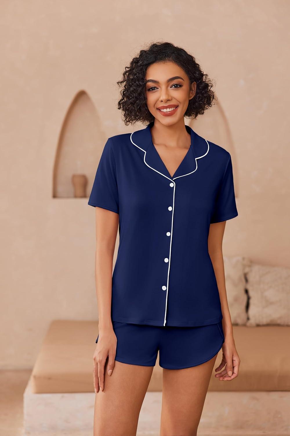 imageEkouaer Pajamas for Women Set Button Up Sleepwear 2 Piece Pjs Lounge Set Short Sleeve NightwearNavy