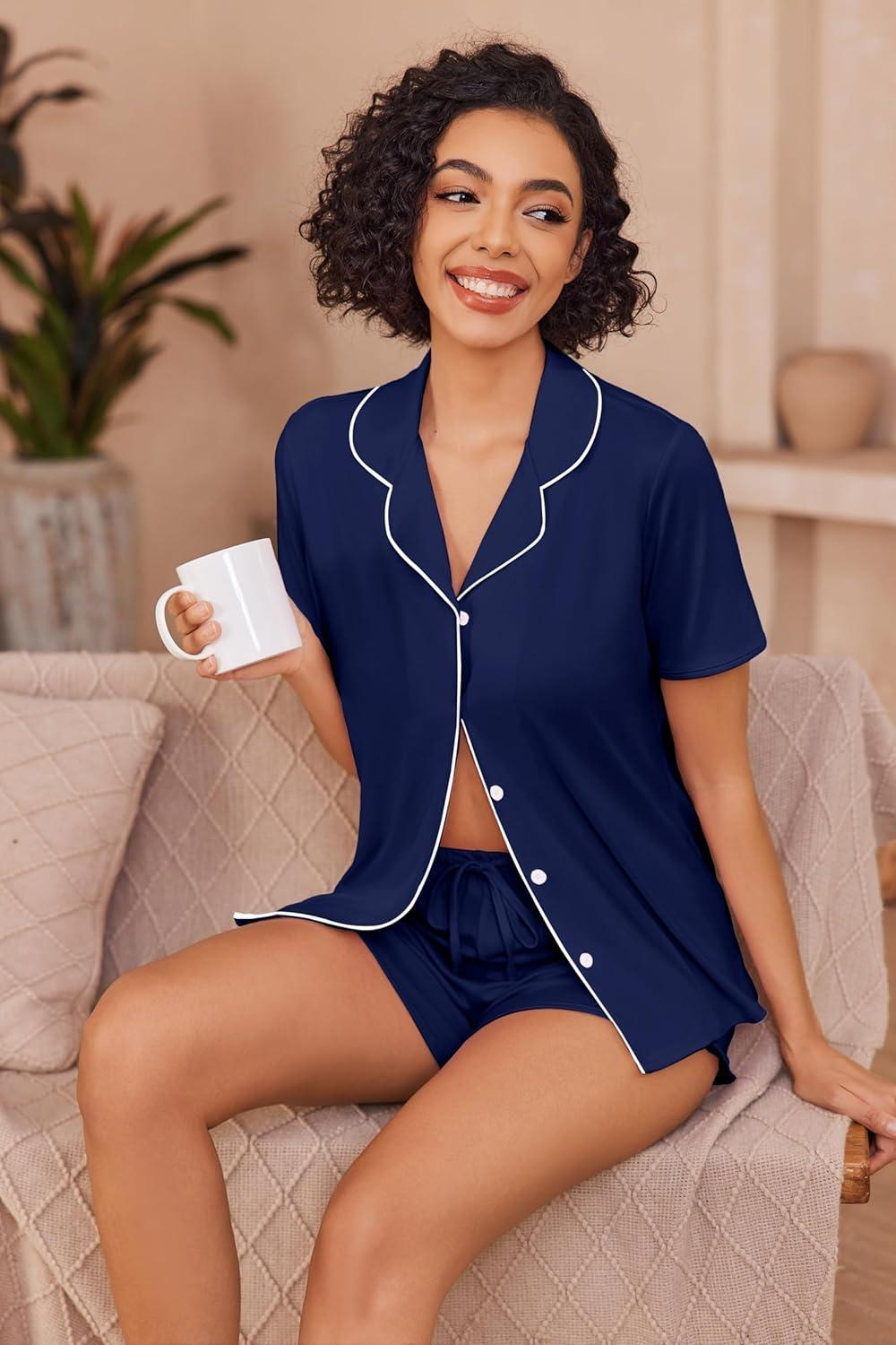 imageEkouaer Pajamas for Women Set Button Up Sleepwear 2 Piece Pjs Lounge Set Short Sleeve NightwearNavy