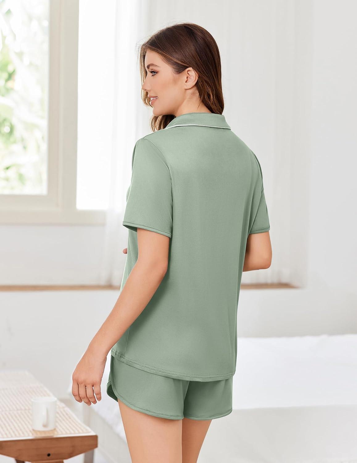 imageEkouaer Pajamas for Women Set Button Up Sleepwear 2 Piece Pjs Lounge Set Short Sleeve NightwearSage Green