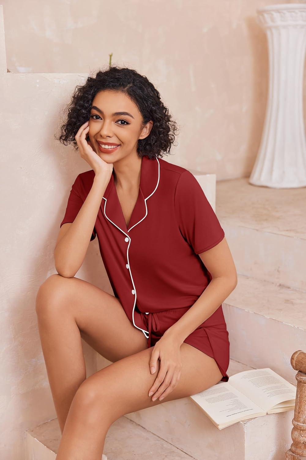 imageEkouaer Pajamas for Women Set Button Up Sleepwear 2 Piece Pjs Lounge Set Short Sleeve NightwearWine Red